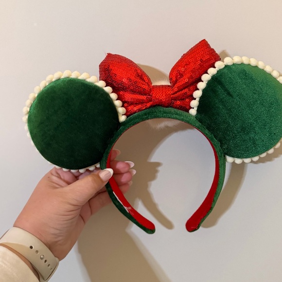 Disney Parks Christmas Pom Pom BowGreen Velvet Minnie Ears Headband - Picture 6 of 7
